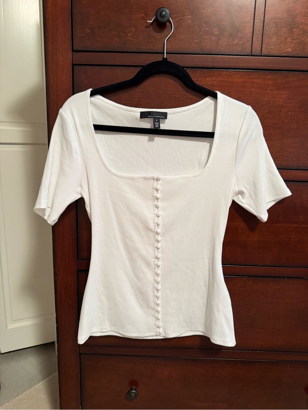 White House Black Market White Square Neck Short Sleeve Button-Front Top
